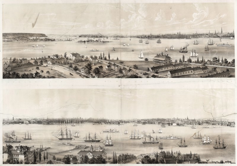New York from Staten Island Brooklyn City Jersey City New York from Staten Island / / sketched and drawn on stone by C.W. Burton.; Burton, Charles, active 19th century, artist; Sarony & Major, printer; New York : C.W. Burton & Sarony & Major, c1849 (Printed by Sarony & Major); 1 print : lithograph, tinted ; 31 7/16 x 39 5/8 in.