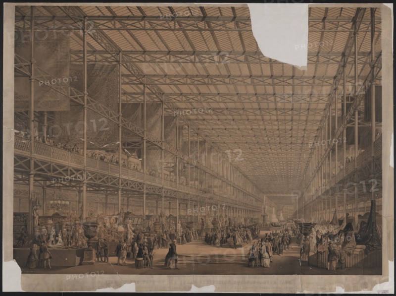 View of the nave of the great exhibition building, Hyde Park; Day & Son, printmaker; London : Ackermann & Co., and Day & Son, 1851 Mar. 6.; 1 print : lithograph with tint stone, hand-colored ; 30 7/8 x 41 1/2 in.