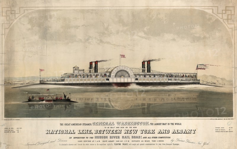 The great American steamer, General Washington, the largest boat in the world to be built and run on the new National Line, between New York and Albany / drawn on stone by C. Parsons ; invented, designed, and drawn by Darius Davison, New York.; W. Endicott & Co., lithographer; New York : Wm. Endicott & Co., [1852]; 1 print : lithograph, hand-colored ; 42 1/8 x 26 3/16 in.