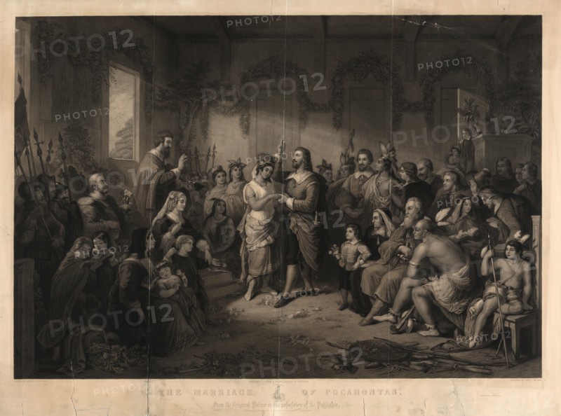The marriage of Pocahontas, from the original picture in the possession of the publisher; McRae, John C., engraver; Brueckner, Henry , artist; New York : John C. McRae, c1855 (N.Y. : H. Peters); 1 print : engraving.