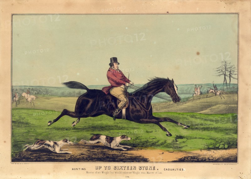 Up to sixteen stone: hunting casualties; N. Currier (Firm),; New York : Published by N. Currier, [between 1835 and 1856].; 1 print : lithograph, hand-colored ; 25 x 35.9 cm. (sheet)