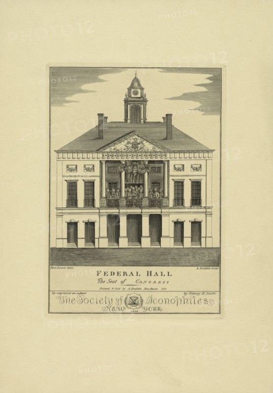 Federal Hall. The seat of Congress / re-engraved on copper by Sidney L. Smith.; Society of Iconophiles , publisher; New York : The Society of Iconophiles, 1899.; 1 print : engraving.