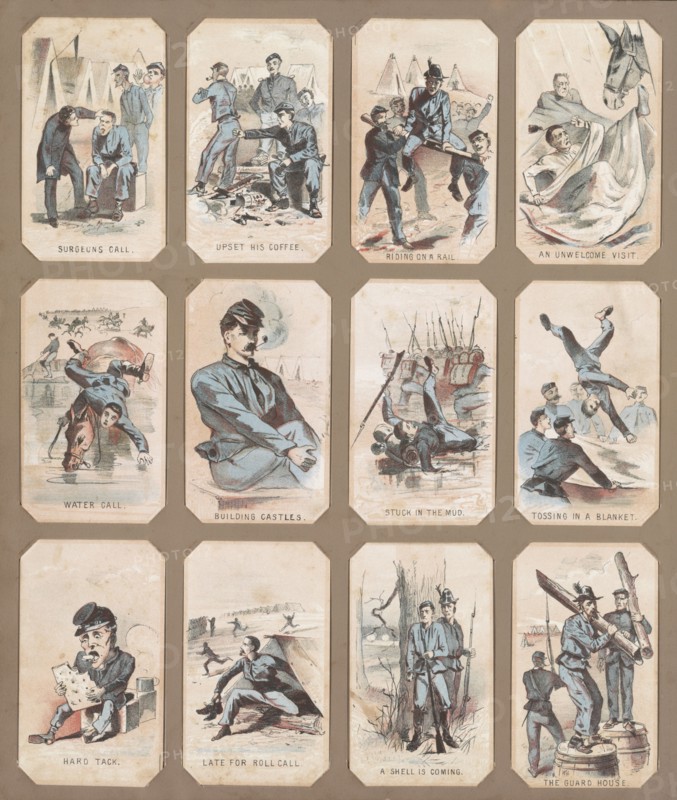 Life in camp, part 1; Homer, Winslow, 1836-1910, artist; L. Prang & Co. , publisher; Boston : Published by L. Prang & Co., c1864.; 12 prints (1 page) : chromolithograph ; 10.5 x 6.2 cm (each), 34 x 29 cm (mount); Souvenir cards showing various views of daily life in a Union military camp during the Civil War.