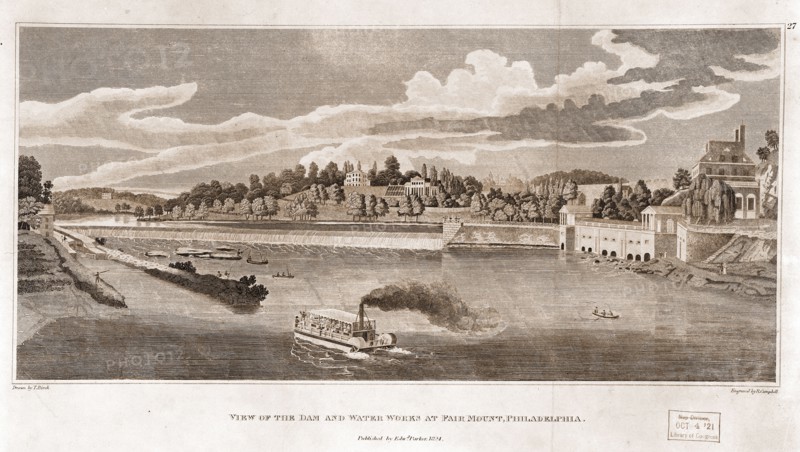View of the dam and water works at Fairmount, Philadelphia / drawn by T. Birch ; engraved by R. Campbell.; Campbell, Robert, active 1806-1831, engraver; Birch, Thomas, 1779-1851 , artist; Parker, Edward (Bookseller); [Philadelphia] : Published by Edwd. Parker, 8124.; 1 print : engraving ; 24 x 42.4 cm (sheet); Print shows a bird's-eye view below the dam at the Fairmount water works, in Philadelphia, with small boats and a steam ferry on the waterway.