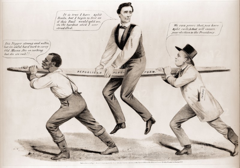 The rail candidate; Currier & Ives.; Maurer, Louis, 1832-1932 , artist; New York : Currier & Ives, c1860.; 1 print on wove paper : lithograph : (image) 27 x 36 cm.; The antislavery plank was a controversial feature of the 1860 Republican platform. Here Republican nominee Abraham Lincoln is shown uncomfortably straddling a rail--a dual allusion to the platform and to Lincoln's backwoods origins--carried by a black man and abolitionist editor of the New York "Tribune" Horace Greeley (right). Lincoln says, "It is true I have split Rails, but I begin to feel as if "this" rail would split me, it's the hardest stick I ever straddled." The black man complains, "Dis Nigger strong and willin' but its awful hard work to carry Old Massa Abe on nothing but dis ere rail!!" One of Lincoln's foremost supporters in the Northeast, Greeley here assures him, "We can prove that you have split rails & that will ensure your election to the Presidency."