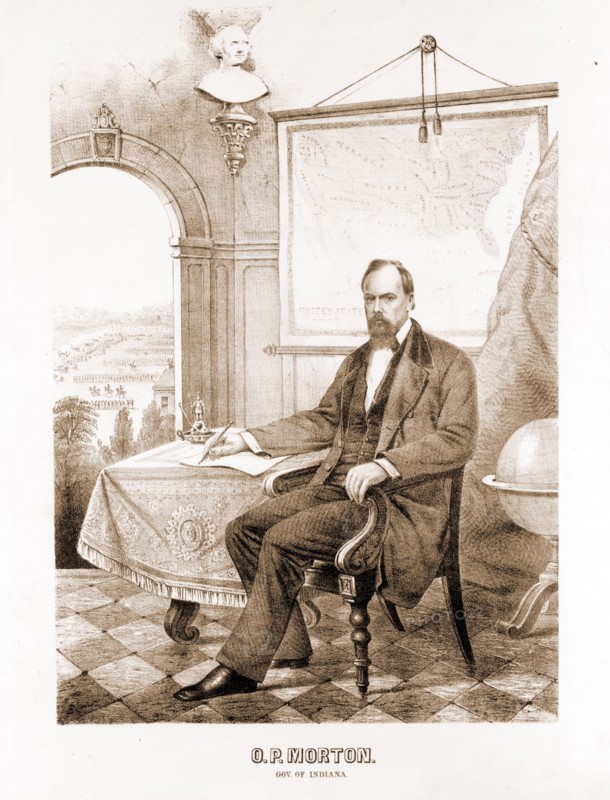 O.P. Morton, Gov. of Indiana; Ehrgott, Forbriger & Co.,; [Cincinnati : Ehrgott & Forbriger & Co., between 1862 and 1864]; 1 print : lithograph ; 40.5 x 30.3 cm. (sheet); Print shows Oliver P. Morton, Governor of Indiana, full-length portrait, facing slightly left, seated next to table, right hand holding pen; military review on parade grounds visible through opening in background.