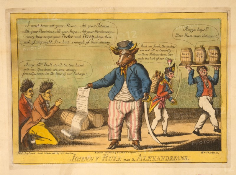 Johnny Bull and the Alexandrians / Wm Charles, Ssc.; Charles, William, 1776-1820, artist; Philada. : Pubd, and sold wholesale by Wm. Charles, 1814.; 1 print on laid paper : etching and aquatint ; plate 24.8 x 34 cm.; The citizens of Alexandria, Virginia, are ridiculed in this scene for their lack of serious resistance against the British seizure of the city in 1814. At left two frightened gentlemen kneel with hands folded, pleading, "Pray Mr. Bull don't be too hard with us -- You know we were always friendly, even in the time of our Embargo!" In the center stands a bull in English seaman's clothes, holding out a long list of "Terms of Capitulation" to the Alexandrians. He says, "I must have all your Flour -- All your Tobacco -- All your Provisions -- All your Ships -- All your Merchandize -- every thing except your Porter and Perry -- keep them out of my sight, I've had enough of them already." His allusion is to American Commodore Oliver Hazard Perry and Captain David Porter. At right...