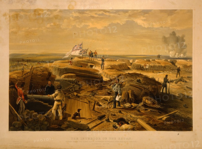 The interior of the Redan taken from its left face, looking towards the salient angle, looking south / / W. Simpson del. ; E. Walker lith. ; Day & Son, Lithrs. to the Queen.; Day & Son.; Simpson, William, 1823-1899 , artist; Pall Mall [London, England] : Published by Paul & Dominic Colnaghi & Co., 1855 Octr. 8th.; 1 print : lithograph, tinted with hand-coloring ; 38.4 x 57.2 (sheet); Interior view of the of the Redan showing battery during the occupation by British forces after the Russians abandoned Sevastopol' in September 1855.
