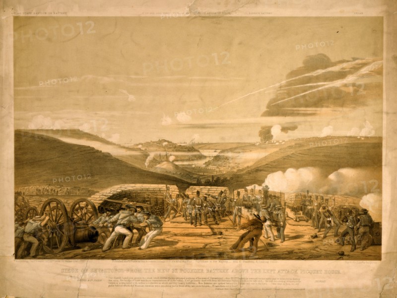 Siege of Sevastopol from the New 32 pounder battery above the left attack Picquet House / M.A. Biddulph Captn. R.A. del. ; E. Walker lith. ; Day & Son, Lithrs. to the Queen.; Day & Son.; Biddulph, Michael Anthony Shrapnel , artist; Pall Mall [London, England] : Published by Paul & Dominic Colnaghi & Co. and E. Stanford, 1854 Novr. 17th.; 1 print : lithograph, tinted ; 42.7 x 58 (sheet); Interior view of the British 32 pounder battery before Sevastopol' showing soldiers firing cannons and sailors dragging a large cannon into the battery; in the middle distance is Sevastopol', and on the horizon, the British fleet.