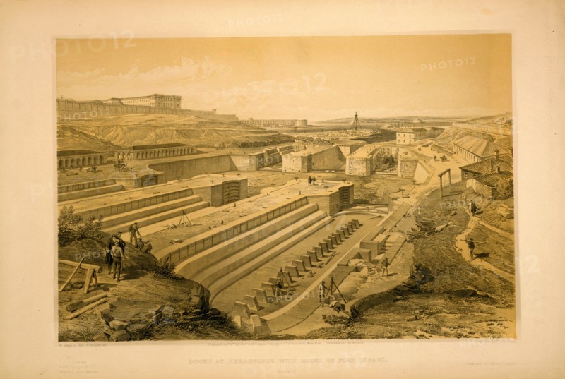 Docks at Sebastopol with ruins of Fort St. Paul / W. Simpson del. ; E. Walker lith. ; Day & Son, Lithrs. to the Queen.; Day & Son.; Simpson, William, 1823-1899 , artist; Pall Mall [London, England] : Published by Paul & Dominic Colnaghi & Co., 1856 Jany. 22nd.; 1 print : lithograph, tinted ; 38.4 x 57.2 (sheet); View of the ship building docks at Sevastopol' with Fort St. Paul on the high ground to the left.