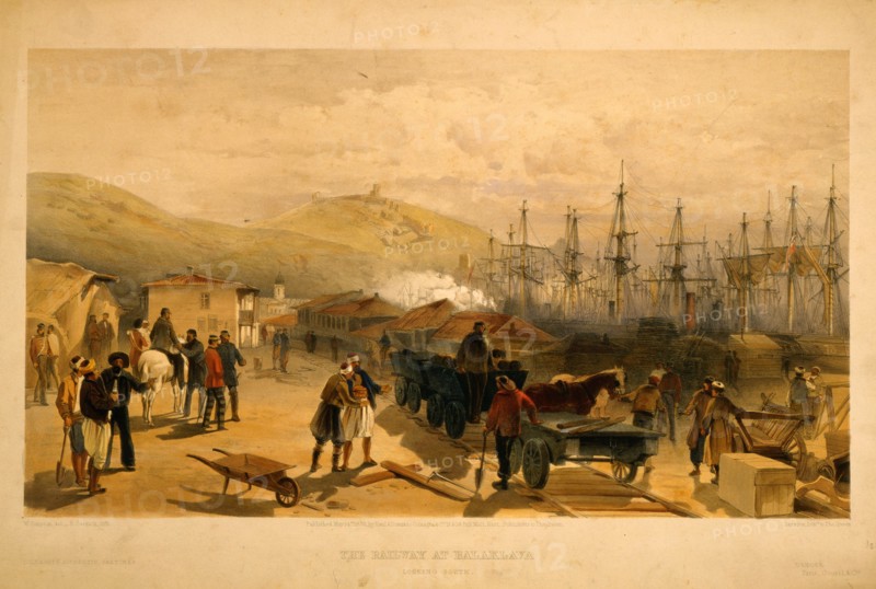 The railway at Balaklava, looking south / W. Simpson, del. ; R. Carrick, lith. ; Day & Son, Lithrs. to the Queen.; Day & Son.; Simpson, William, 1823-1899 , artist; Pall Mall [London, England] : Published by Paul & Dominic Colnaghi & Co., 1855 May 24th.; 1 print : lithograph, tinted with hand-coloring ; 37 x 57.3 (sheet); Construction of the railway in Balaklava at the harbor, also shows masts of numerous ships, and on a hill in the distance, the ruins of the old Genoese castle.