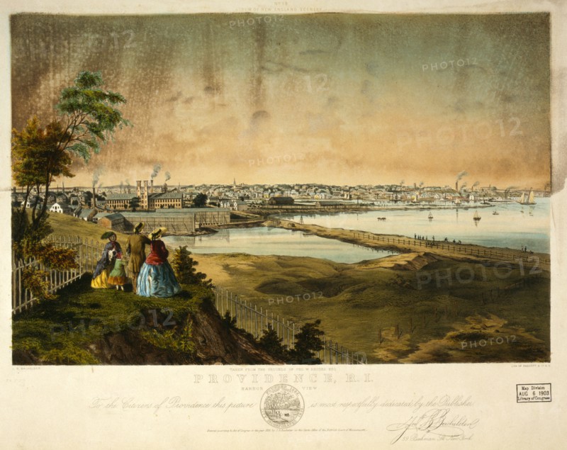 Providence, R.I., harbor view, taken from the grounds of Geo. W. Rhodes, Esq. / J.B. Bachelder ; lith. of Endicott & Co., N.Y.; W. Endicott & Co.; Bachelder, John B. (John Badger), 1825-1894 , artist; N[ew] Y[ork] : Endicott & Co., c1858.; 1 print : lithograph, hand-colored.; Print shows view of harbor and waterfront area of Providence, Rhode Island.