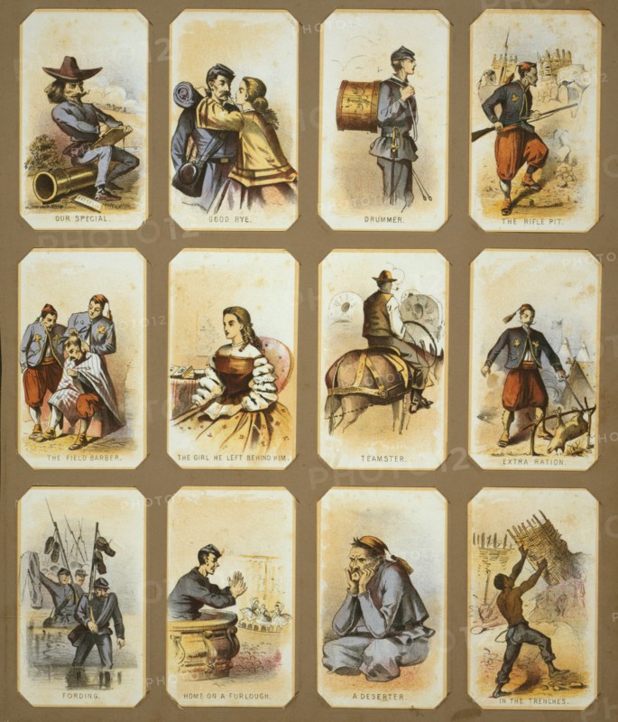 Life in camp, part 2; Homer, Winslow, 1836-1910, artist; L. Prang & Co. , publisher; Boston : Published by L. Prang & Co., c1864.; 12 prints (1 page) : chromolithograph ; 10.3 x 6.2 cm. (each); Souvenir cards showing the daily life of Union soldiers during the Civil War, on the front, in camp, and on furlough, also, an artist traveling with the army, zouaves, parting with loved ones, and an African American putting up gabions in the trenches.