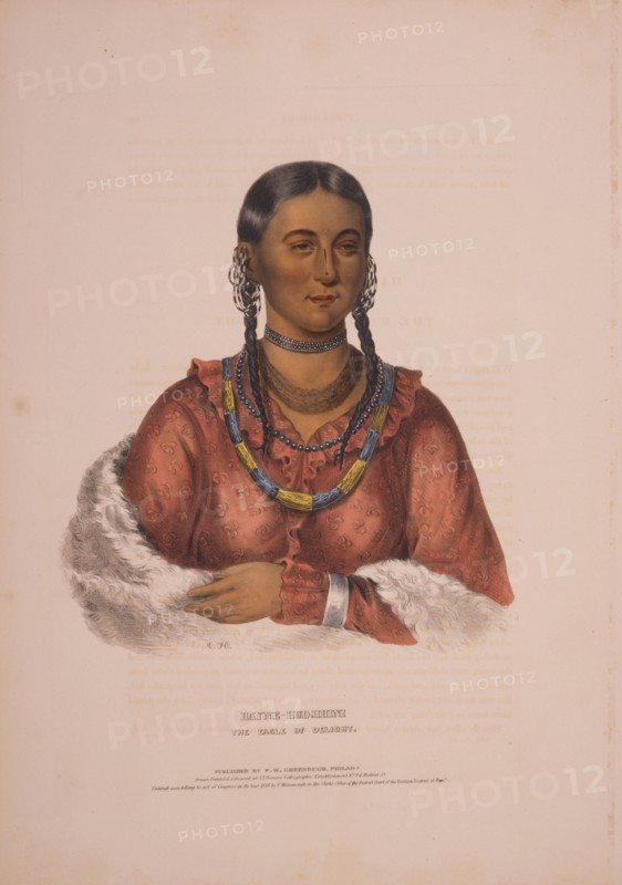 Hayne-Hudjihini, the Eagle of Delight / A.H. ; drawn, printed & coloured at I.T. Bowen's Lithographic Establishment No. 94 Walnut St.; Bowen, John T., approximately 1801-1856?, lithographer; Greenough, Frederick W. , publisher; McKenney, Thomas Loraine, 1785-1859.; Hall, James, 1793-1868.; Philad[elphi]a : Published by F.W. Greenough, c1838.; 1 print : lithograph, hand-colored ; 50.5 x 35.6 cm (sheet); Print shows Hayne-Hudihini (Eagle of Delight), wife of Oto chieftan Shaumonekusse, half-length portrait, facing slightly right, with left arm folded across chest.