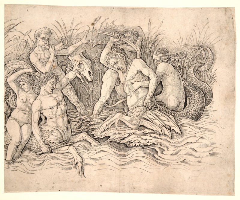 Andrea Mantegna (Italian, ca. 1431 - 1506). Battle of the Sea-Gods [right side], ca. 1470-1480. Engraving and drypoint on laid paper. Plate: 340 mm x 412 mm (13.39 in. x 16.22 in.).
