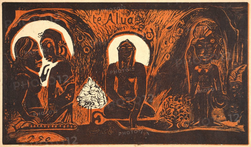 Paul Gauguin (French, 1848 - 1903). Te Atua (The Gods), 1893-1894. Woodcut printed in two colors, black and orange on Japan paper. Image: 205 mm x 350 mm (8.07 in. x 13.78 in.). Third of three states.