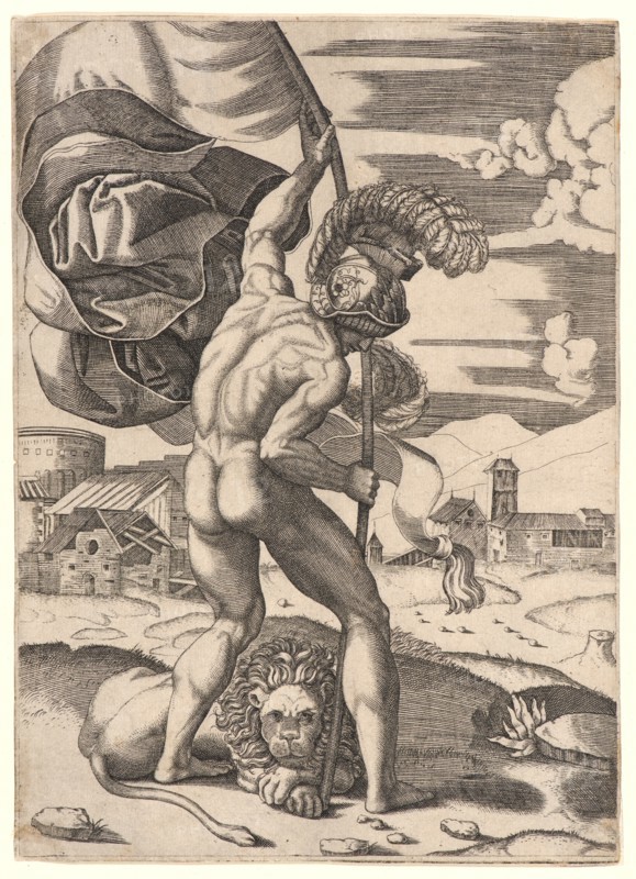 Marcantonio Raimondi (Italian, ca. 1470/1482 - 1527/1534), possibly after Raphael (Italian, 1483-1520) or Agostino Musi (Italian, ca. 1490 - after 1536). Standard Bearer, 16th century. Engraving on laid paper. Plate: 250 mm x 180 mm (9.84 in. x 7.09 in.).