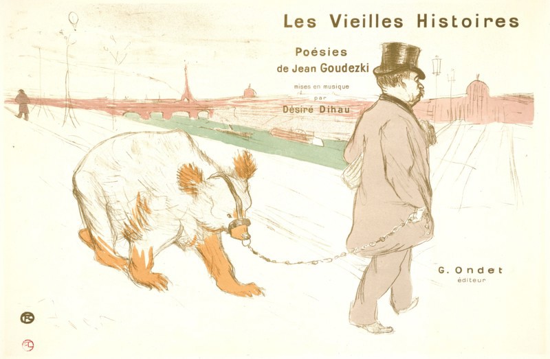 Henri de Toulouse-Lautrec (French, 1864 - 1901). Ancient Histories (Les Vielles Histoires), 1893. Lithograph printed in five colors (keystone in olive green and color stones in grey, curry-brown, mauve, and turquoise-green) on wove paper. Image: 365 mm x 545 mm (14.37 in. x 21.46 in.). Second of two states.