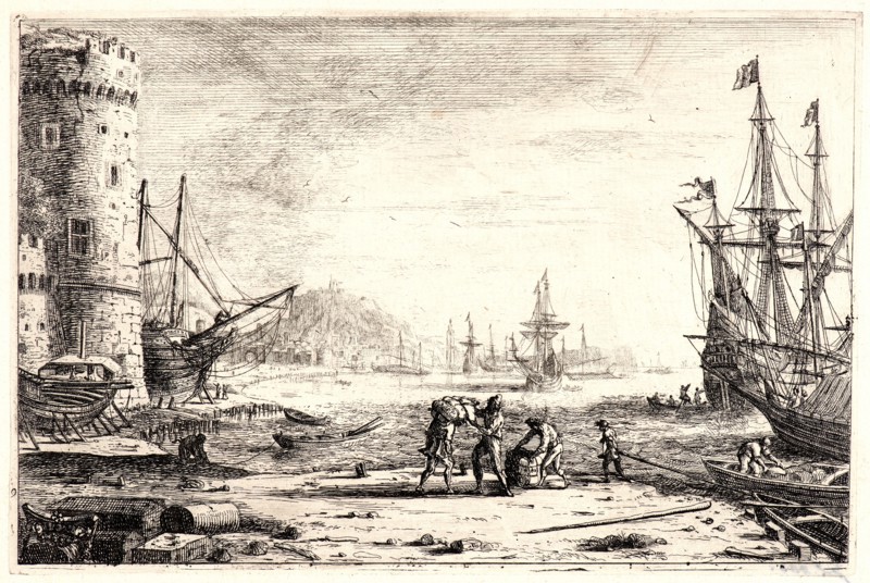 Claude Lorrain (French, 1604 - 1682). Seaport with a Round Tower, 1635-1636. Etching.