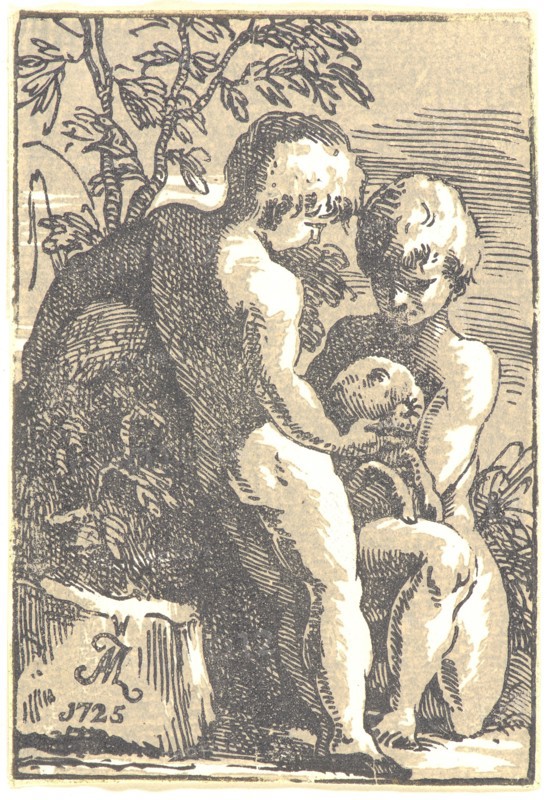 Antonio Maria Zanetti I (Italian, 1680 - 1757). Two Boys Caressing a Lamb. Chiaroscuro woodcut.