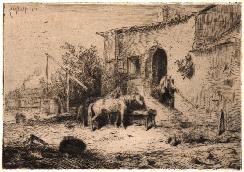 Charles Ãâmile Jacque (French, 1813 - 1894). The Inn (Auberge), 1848. Etching and drypoint on buff chine collé. Plate: 99 mm x 142 mm (3.9 in. x 5.59 in.). Only state.