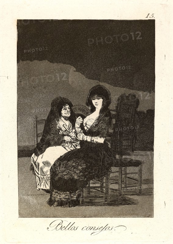 Francisco de Goya (Spanish, 1746-1828). Bellos consejos. (Pretty teachings.), 1796-1797. From Los Caprichos, no. 15. Etching, burnished aquatint, and burin. Plate: 215 mm x 150 mm (8.46 in. x 5.91 in.).