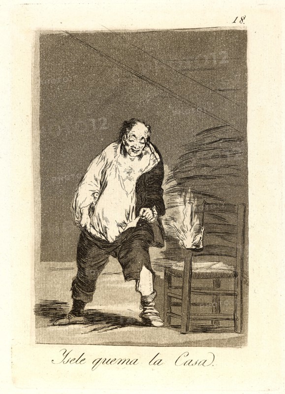 Francisco de Goya (Spanish, 1746-1828). Ysele quema la Casa. (And his house is on fire.), 1796-1797. From Los Caprichos, no. 18. Etching and burnished aquatint. Plate: 215 mm x 152 mm (8.46 in. x 5.98 in.).
