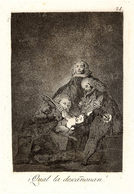 Francisco de Goya (Spanish, 1746-1828). Â¡Qual la descaÃ±onan! (How they pluck her!), 1796-1797. From Los Caprichos, no. 21. Etching and burnished aquatint. Plate: 215 mm x 147 mm (8.46 in. x 5.79 in.).