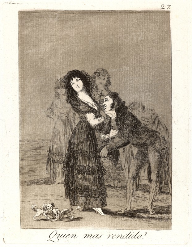 Francisco de Goya (Spanish, 1746-1828). Quien mas rendido? (Which of them is the more overcome?), 1796-1797. From Los Caprichos, no. 27. Etching, aquatint, and drypoint. Plate: 195 mm x 150 mm (7.68 in. x 5.91 in.).