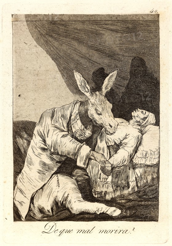 Francisco de Goya (Spanish, 1746-1828). De que mal morira? (Of what ill will he die?), 1796-1797. From Los Caprichos, no. 40. Etching and aquatint. Plate: 213 mm x 148 mm (8.39 in. x 5.83 in.). Second state.