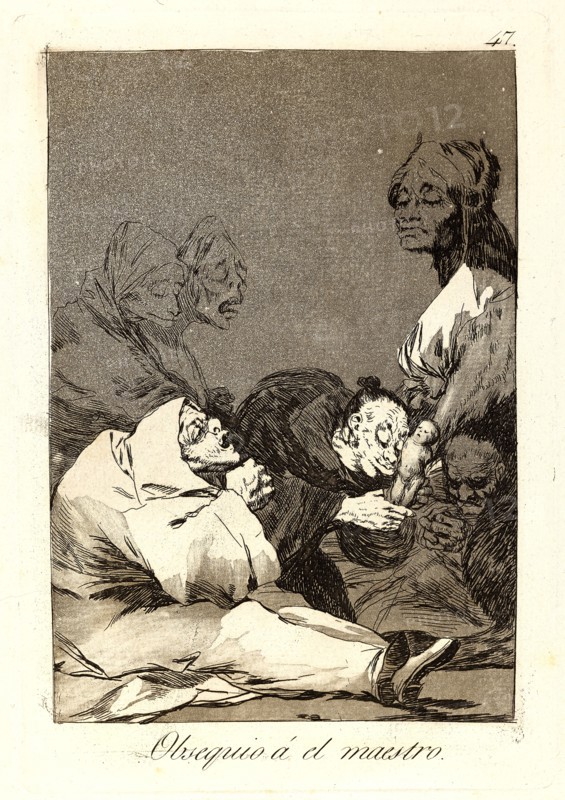 Francisco de Goya (Spanish, 1746-1828). Obsequio Ã¡ el maestro. (A gift for the master.), 1796-1797. From Los Caprichos, no. 47. Etching, burnished aquatint, and burin on cream laid paper. Plate: 215 mm x 150 mm (8.46 in. x 5.91 in.).