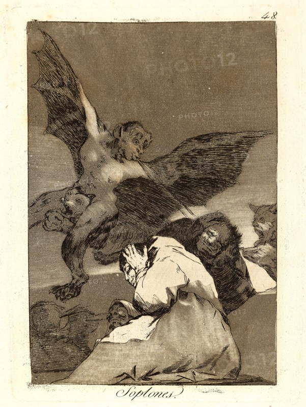 Francisco de Goya (Spanish, 1746-1828). Soplones. (Tale-bearers-Blasts of wind), 1796-1797. From Los Caprichos, no. 48. Etching and burnished aquatint on cream laid paper. Plate: 205 mm x 150 mm (8.07 in. x 5.91 in.).
