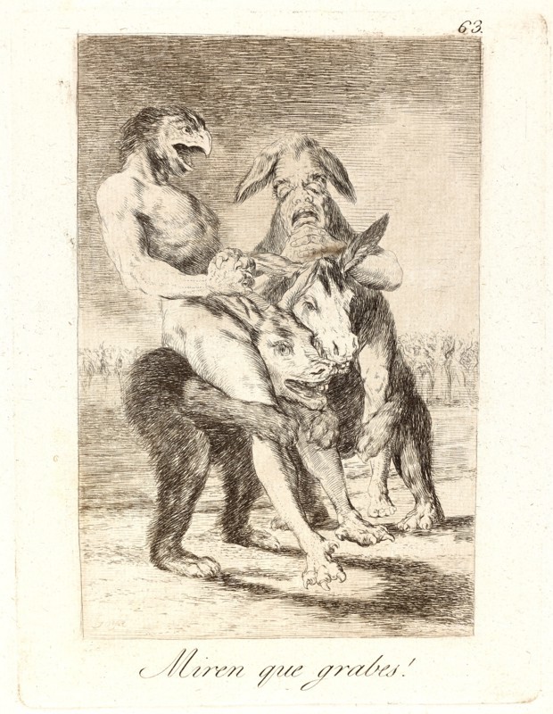 Francisco de Goya (Spanish, 1746-1828). Miren que grabes! (Look how solemn they are!), 1796-1797. From Los Caprichos, no. 63. Etching, aquatint, and drypoint on cream laid paper. Plate: 215 mm x 150 mm (8.46 in. x 5.91 in.).