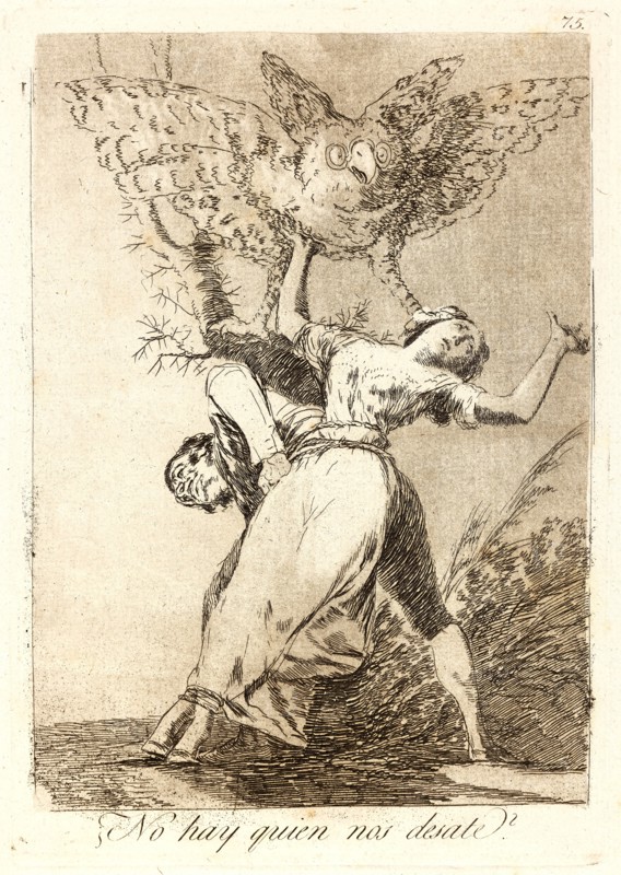 Francisco de Goya (Spanish, 1746-1828). Â¿No hay quien nos desate? (Can't anyone untie us?), 1796-1797. From Los Caprichos, no. 75. Etching and burnished aquatint on cream laid paper. Plate: 215 mm x 150 mm (8.46 in. x 5.91 in.).