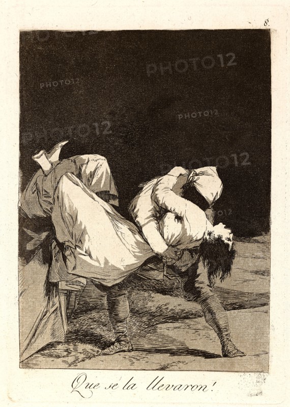 Francisco de Goya (Spanish, 1746-1828). Que se la llevaron! (They carried her off!), 1796-1797. From Los Caprichos, no. 8. Etching and aquatint. Plate: 215 mm x 150 mm (8.46 in. x 5.91 in.). Third state.