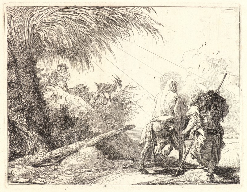 Giovanni Domenico Tiepolo (Italian, 1727 - 1804). The Flight, Holy Family at the Right, Joseph Looking to the Left, 1750-1753. From Picturesque Ideas on the Flight Into Egypt. Etching on laid paper. Plate: 190 mm x 243 mm (7.48 in. x 9.57 in.).