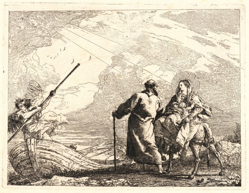 Giovanni Domenico Tiepolo (Italian, 1727 - 1804). The Holy Family at the Bank of the River, 1750-1753. From Picturesque Ideas on the Flight Into Egypt. Etching on laid paper. Plate: 190 mm x 248 mm (7.48 in. x 9.76 in.).