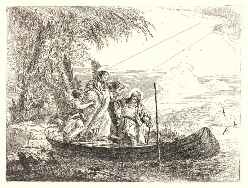 Giovanni Domenico Tiepolo (Italian, 1727 - 1804). The Madonna, Child and Angels Entering the Boat, 1750-1753. From Picturesque Ideas on the Flight Into Egypt. Etching on laid paper. Plate: 178 mm x 239 mm (7.01 in. x 9.41 in.).