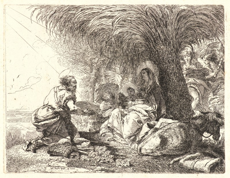 Giovanni Domenico Tiepolo (Italian, 1727 - 1804). The Rest on the Flight with Joseph in Adoration, 1752. From Picturesque Ideas on the Flight Into Egypt. Etching on laid paper. Plate: 188 mm x 244 mm (7.4 in. x 9.61 in.).