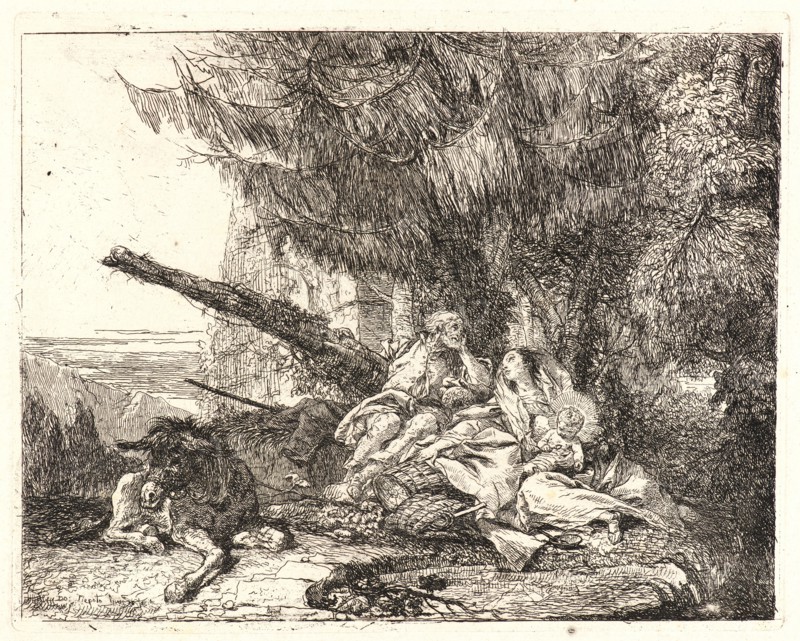 Giovanni Domenico Tiepolo (Italian, 1727 - 1804). The Rest on the Flight, 1750- 1753. From Picturesque Ideas on the Flight Into Egypt. Etching on laid paper. Plate: 194 mm x 241 mm (7.64 in. x 9.49 in.).