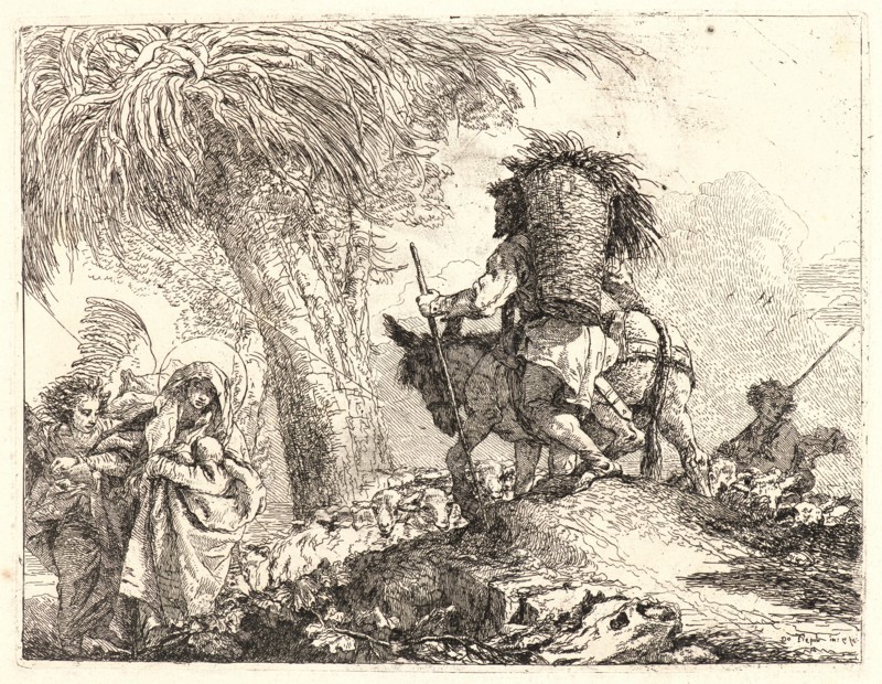 Giovanni Domenico Tiepolo (Italian, 1727 - 1804). The Flight, Joseph at Right and Mary and Angel at Left, 1750-1753. From Picturesque Ideas on the Flight Into Egypt. Etching on laid paper. Plate: 187 mm x 243 mm (7.36 in. x 9.57 in.).