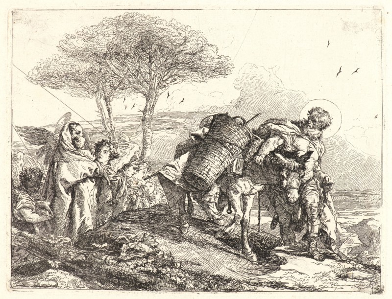 Giovanni Domenico Tiepolo (Italian, 1727 - 1804). The Madonna and Child at Left, with a File of Angels, 1750-1753. From Picturesque Ideas on the Flight Into Egypt. Etching on laid paper. Plate: 188 mm x 249 mm (7.4 in. x 9.8 in.).