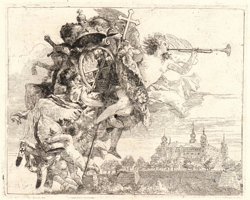 Giovanni Domenico Tiepolo (Italian, 1727 - 1804). Arms of Carl Philipp von Greiffenflau, Prince-Bishop of Wurzburg, 1750-1753. From Picturesque Ideas on the Flight Into Egypt. Etching on laid paper. Plate: 189 mm x 238 mm (7.44 in. x 9.37 in.).