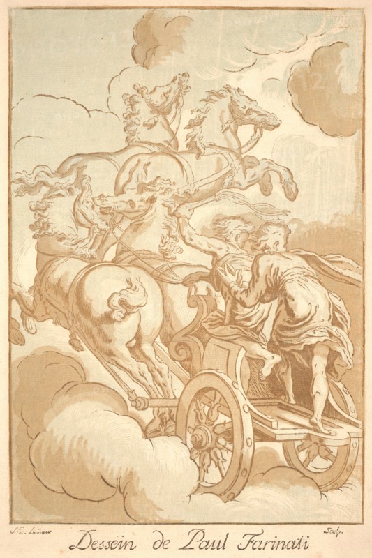 Nicolas Le Sueur (French, 1691 - 1764) after Paolo Farinati (Italian, 1524 - 1606). The Chariot of the Sun, ca. 1729-1742. Chiaroscuro woodcut printed from three blocks in light green, light brown, brown, and dark brown on laid paper. Image: 397 mm x 270 mm (15.63 in. x 10.63 in.).