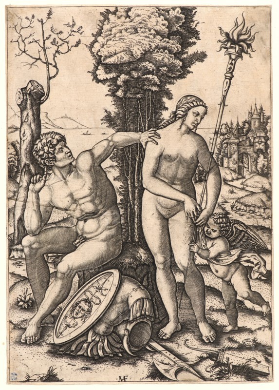 Marcantonio Raimondi (Italian, ca. 1470/1482 - 1527/1534). Mars, Venus, and Amor, 1508. Engraving on laid paper. Plate: 300 mm x 213 mm (11.81 in. x 8.39 in.). Third of three states.