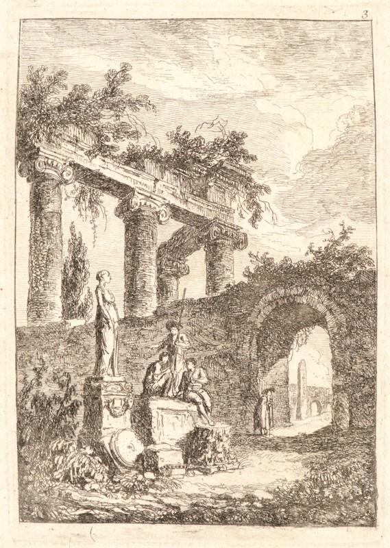 Hubert Robert (French, 1733 - 1808). The Statue before Ruins, 1763-1764. From Evenings in Rome (Les Soirées de Rome). Etching on laid paper. Plate: 136 mm x 95 mm (5.35 in. x 3.74 in.). Second of three states.