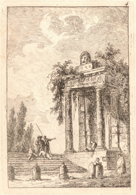 Hubert Robert (French, 1733 - 1808). The Stairway with Four Posts, 1763-1764. From Evenings in Rome (Les Soirées de Rome). Etching on laid paper. Plate: 137 mm x 94 mm (5.39 in. x 3.7 in.). Second of three states.