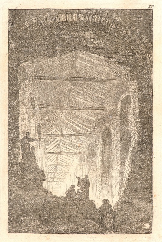 Hubert Robert (French, 1733 - 1808). The Ancient Gallery, 1763-1764. From Evenings in Rome (Les Soirées de Rome). Etching, with a 20th-century pencil sketch on verso on laid paper. Plate: 137 mm x 95 mm (5.39 in. x 3.74 in.). Second of three states.