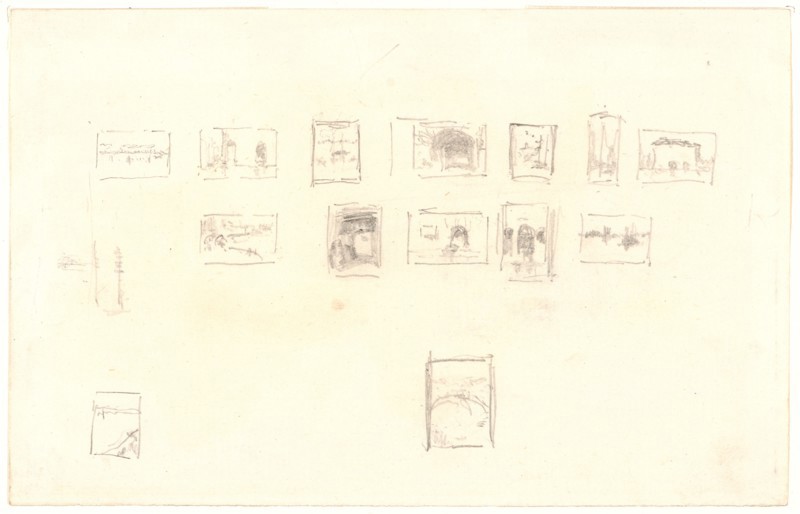 James McNeill Whistler (American, 1834 - 1903). Sketch for the Selection and Arrangement of Whistler's First Venice Set, ca. 1879-1880. Pencil drawing on white laid paper. Sheet: 113 mm x 177 mm (4.45 in. x 6.97 in.).
