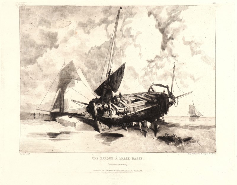 Louis Adolphe Hervier (French, 1818 - 1879). Une Barque Ã  Marée Basse (Boulogne-sur-Mer), 19th century. Etching, aquatint, and roulette.